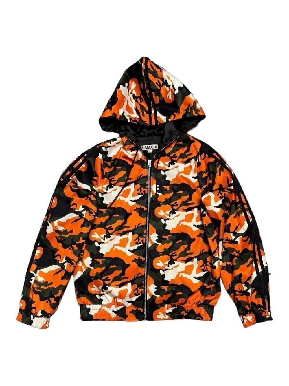 I AM GIA Luxury Designer Streetwear Orange Camo Full Zip Bomber Jacket Small